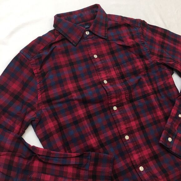 GAP FLANNEL Shirt Men S Cranberry Burgundy Check Plaid Slim Fit Autumnal Grunge - Picture 3 of 16